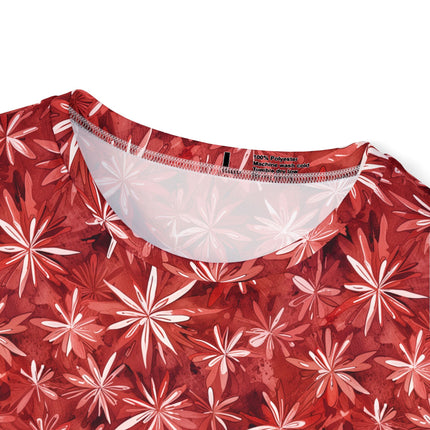 The neck of a soft polyester sports jersey featuring a red pattern of starbursts.