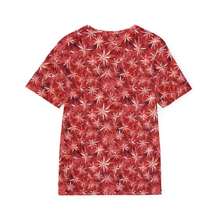 The back of a soft polyester sports jersey featuring a red pattern of starbursts.