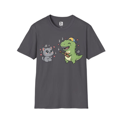 Cute Kawaii Musician Dinosaur & Adoring Kitty Soft Cotton Unisex T-Shirt in Charcoal .