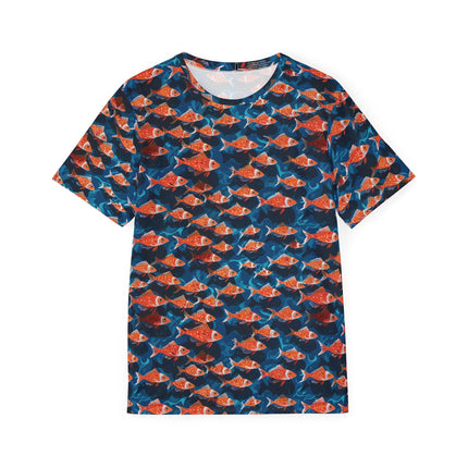 The front of a soft polyester sports jersey featuring a pattern of swimming orange fish on a blue background.