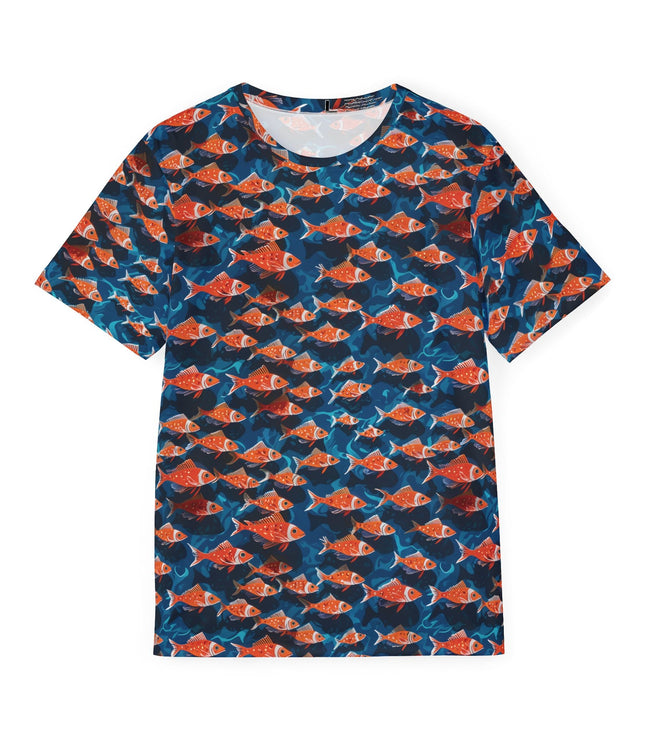 The front of a soft polyester sports jersey featuring a pattern of swimming orange fish on a blue background.
