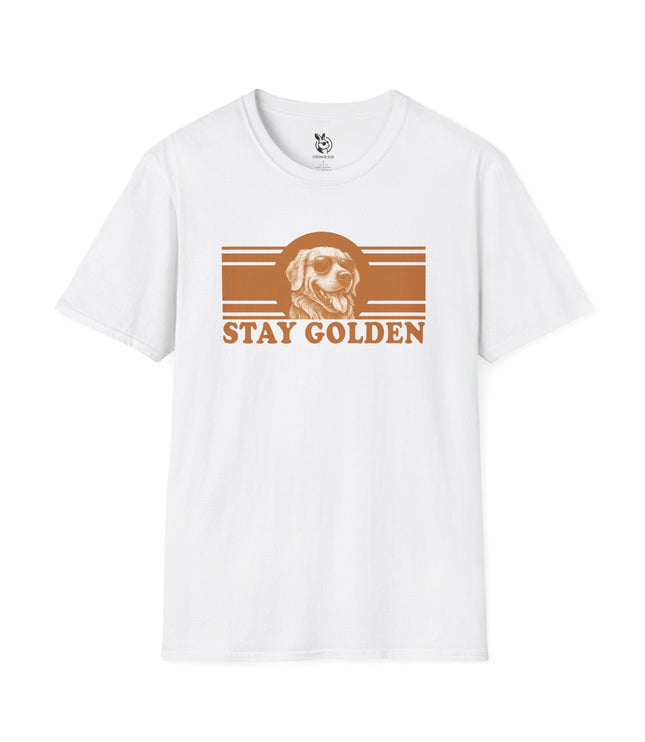 White t-shirt with 'Stay Golden' graphic featuring a golden retriever with sunglasses.