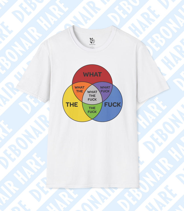A white t-shirt with a venn diagram breaking down the phrase "what the fuck"