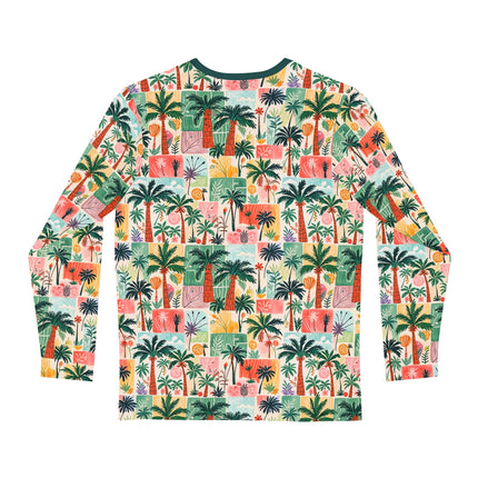 The back of a Long-sleeve shirt with a colorful palm tree tropical doodle pattern