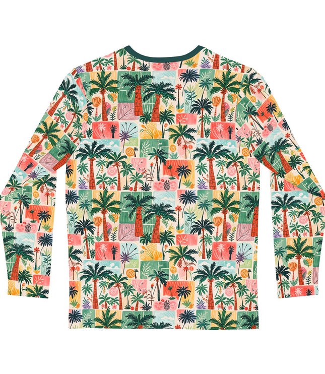 The back of a Long-sleeve shirt with a colorful palm tree tropical doodle pattern