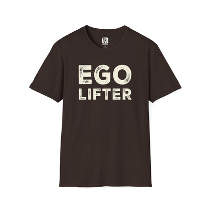 Brown t-shirt with 'EGO LIFTER' text