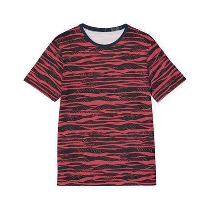 The front of a soft polyester sports jersey featuring a red and black horizontal stripe pattern.