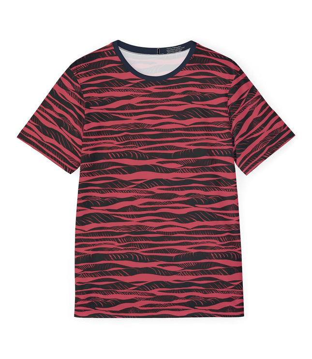 The front of a soft polyester sports jersey featuring a red and black horizontal stripe pattern.