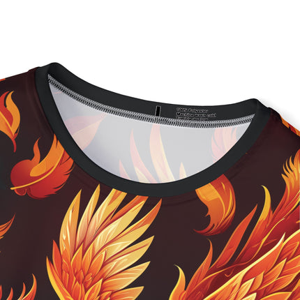 The front of a soft polyester sports jersey featuring a pattern of a red phoenix with floating feathers.