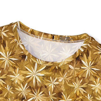 The neck of a soft polyester sports jersey featuring a gold pattern of starbursts.