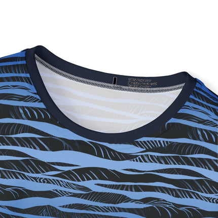 The neck of a soft polyester sports jersey featuring a blue and black horizontal stripe pattern.