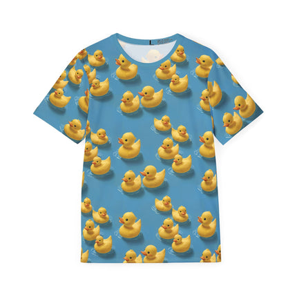 The front of a soft polyester sports jersey featuring a pattern of rubber duckies on an aqua blue background.