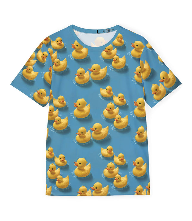 The front of a soft polyester sports jersey featuring a pattern of rubber duckies on an aqua blue background.