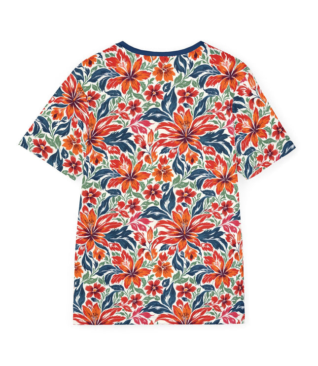 The back of a soft polyester sports jersey featuring a flat pattern of floral prints in orange, red, blue and green.