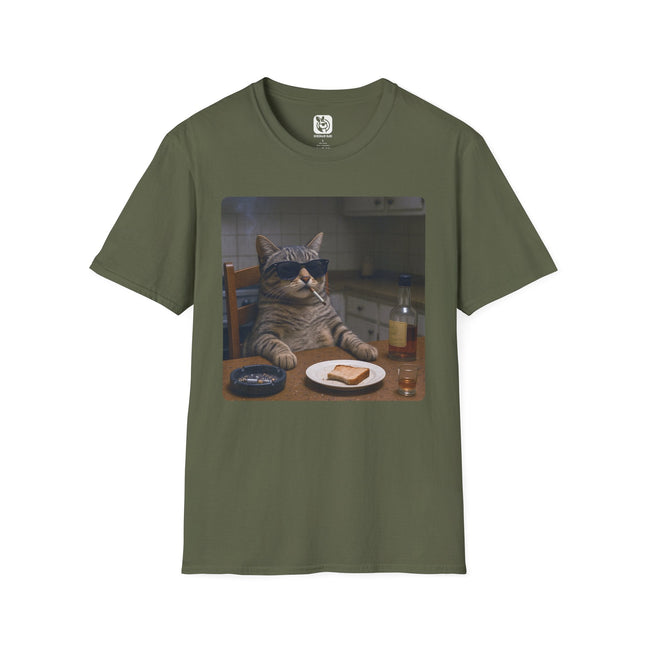 Recuperating Cat Soft Cotton Unisex T-Shirt in Military Green .
