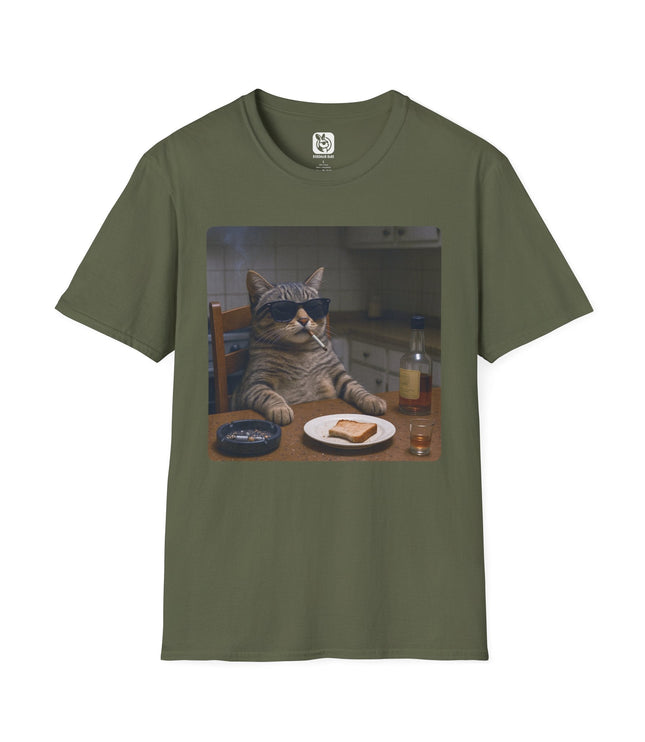 Recuperating Cat Soft Cotton Unisex T-Shirt in Military Green .