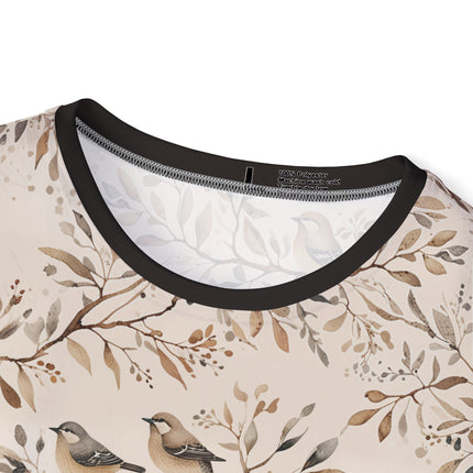 The neck of a soft polyester sports jersey featuring a pattern of sparrows sitting on branches in a subdued palette.