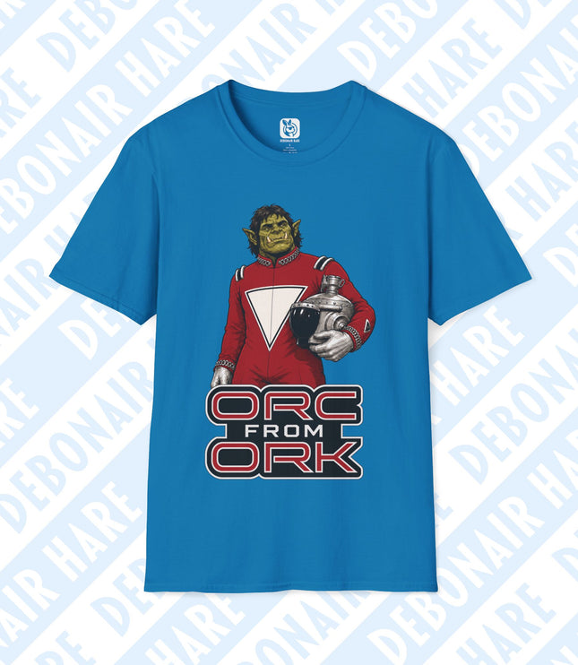 A teal t-shirt depicting an orc from ork