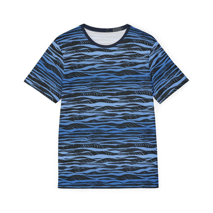 The front of a soft polyester sports jersey featuring a blue and black horizontal stripe pattern.