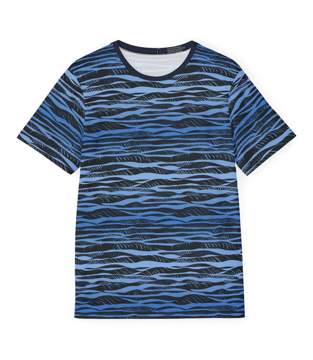 The front of a soft polyester sports jersey featuring a blue and black horizontal stripe pattern.