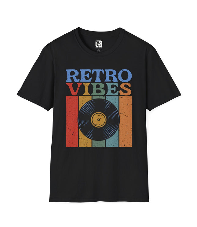 Retro Vibes On Vinyl Unisex T-Shirt in Black .