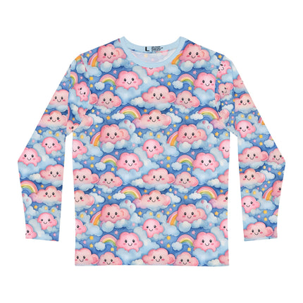 The front of a Long-sleeve shirt with a pastel happy pink cloud and rainbow pattern