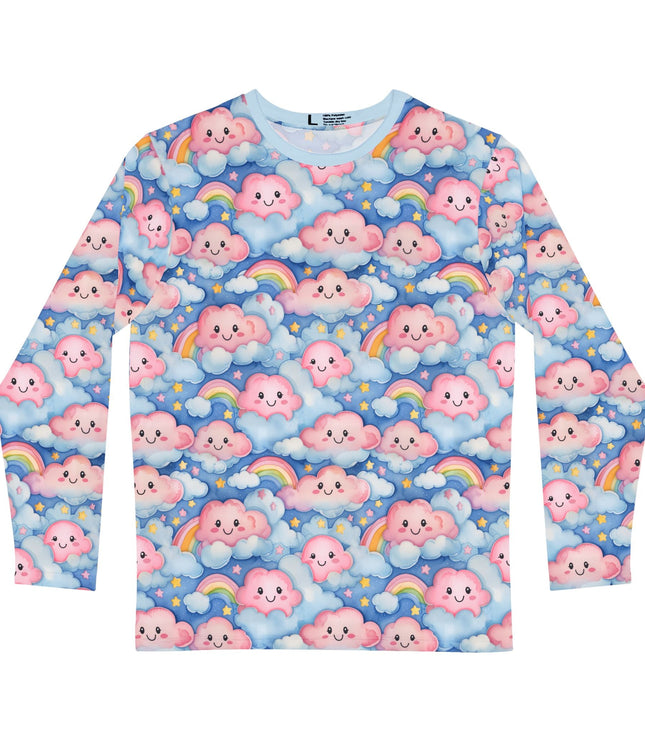 The front of a Long-sleeve shirt with a pastel happy pink cloud and rainbow pattern