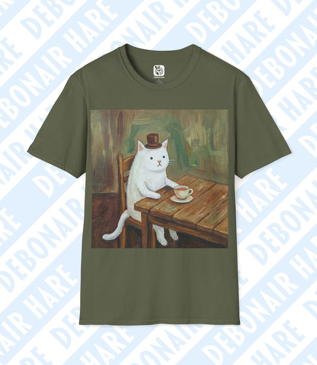 Military green t-shirt with a graphic of a cat in a top hat sitting at a table
