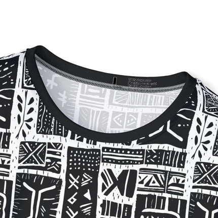 The neck of a soft polyester sports jersey featuring a pattern of decorative etching.