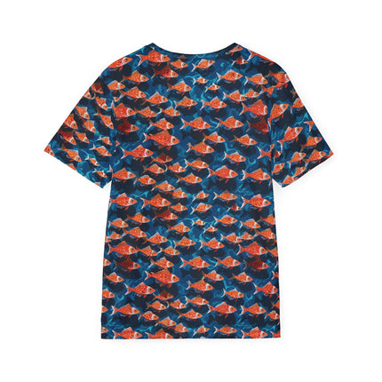 The back of a soft polyester sports jersey featuring a pattern of swimming orange fish on a blue background.