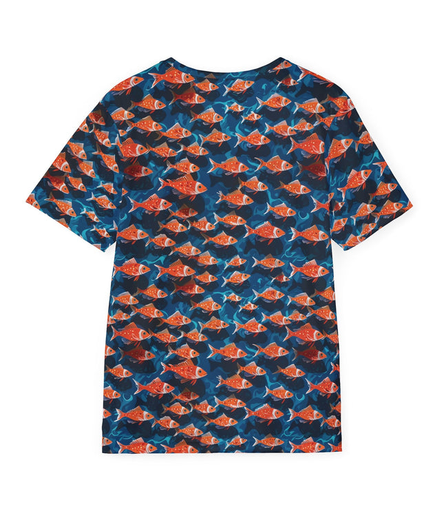 The back of a soft polyester sports jersey featuring a pattern of swimming orange fish on a blue background.