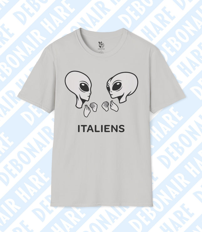 A gray t-shirt depicting gesticulating aliens with the caption "ITALIENS"