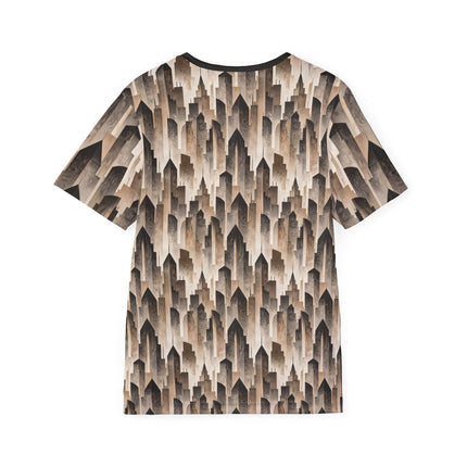 The back of a soft polyester sports jersey featuring a pattern of beige skyscraper silhouettes.