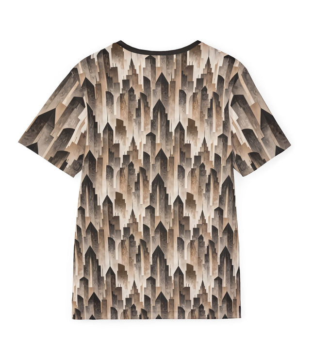 The back of a soft polyester sports jersey featuring a pattern of beige skyscraper silhouettes.