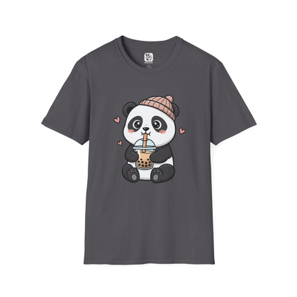 Cute Boba Panda Soft Cotton Unisex T-Shirt in Charcoal .