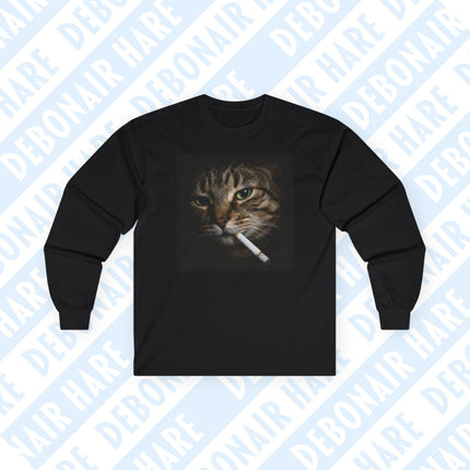 Black long-sleeve shirt with a graphic of a cat face smoking a cigarette, peering from darkness.
