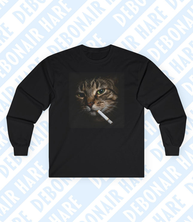 Black long-sleeve shirt with a graphic of a cat face smoking a cigarette, peering from darkness.