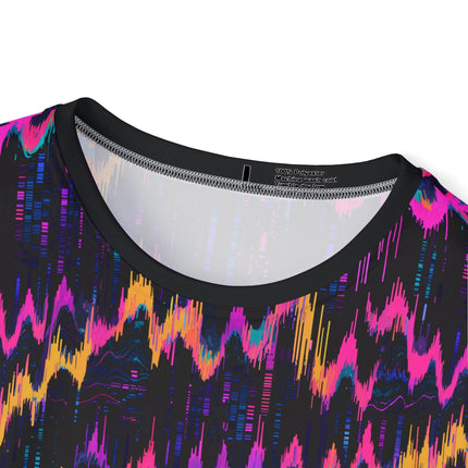 The neck of a soft polyester sports jersey featuring a pattern of pink and orange glitch waves on a black background.