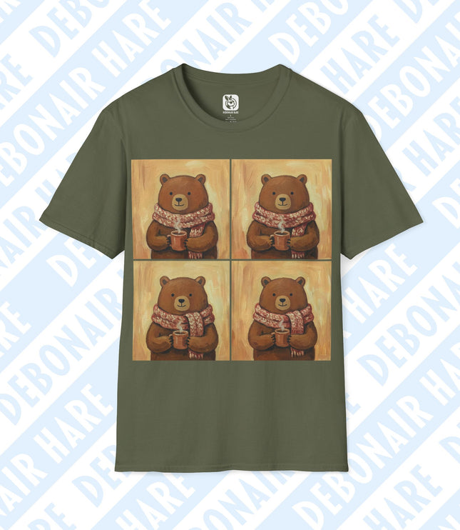 A military green t-shirt with four panes of a cocoa-loving bear with a scarf