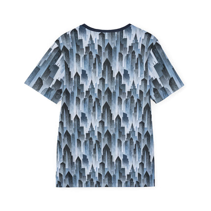 The back of a soft polyester sports jersey featuring a pattern of cool blue  skyscraper silhouettes.