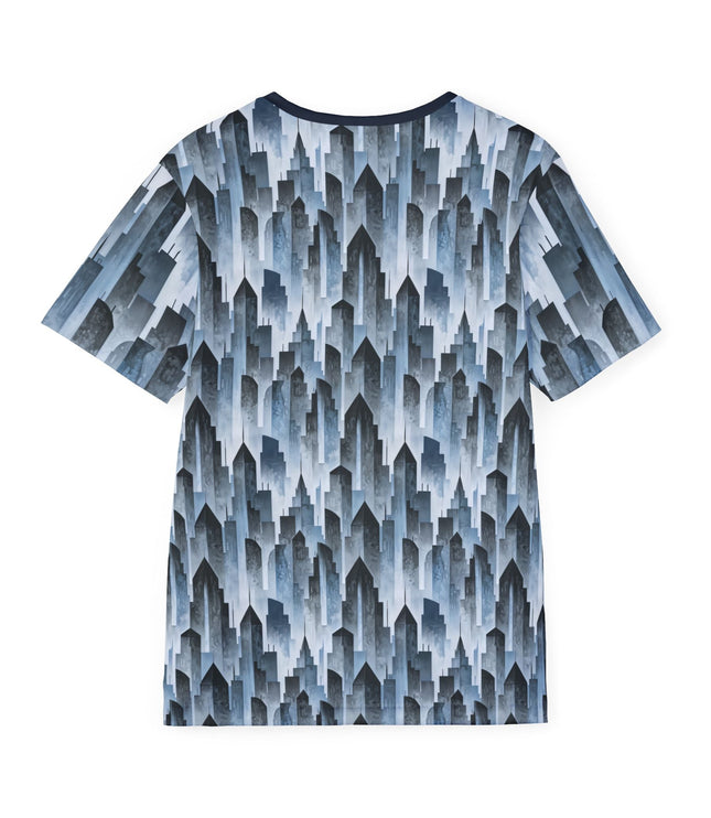 The back of a soft polyester sports jersey featuring a pattern of cool blue  skyscraper silhouettes.