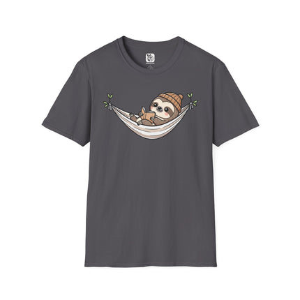 Cute Lazy Sloth Soft Cotton Unisex T-Shirt in Charcoal .