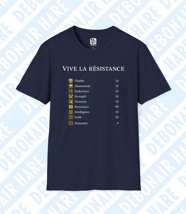 A navy t-shirt depicting the Dark Souls stat screen with all points in resistance, and the headline "Vive la resistance"