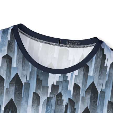 The neck of a soft polyester sports jersey featuring a pattern of cool blue  skyscraper silhouettes.
