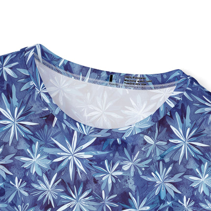 The neck of a soft polyester sports jersey featuring a sapphire pattern of starbursts.