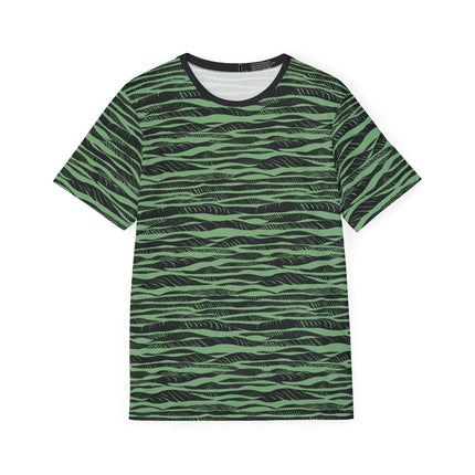 The front of a soft polyester sports jersey featuring a green and black horizontal stripe pattern.