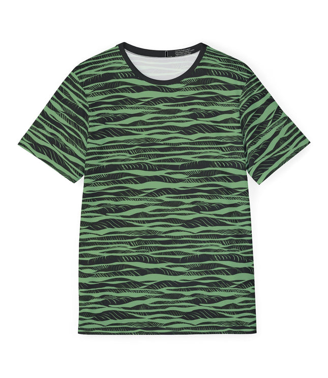The front of a soft polyester sports jersey featuring a green and black horizontal stripe pattern.