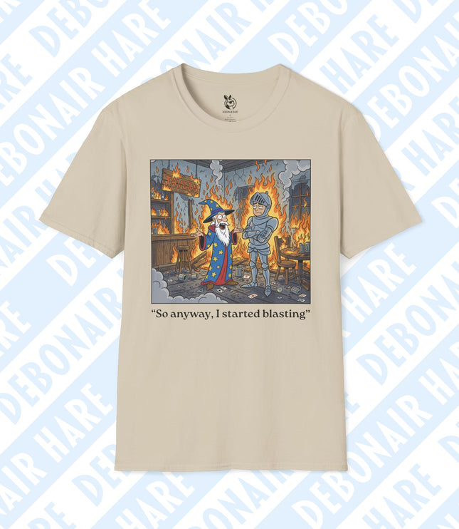 A beige t-shirt depicting a wizard explaining to a knight how the tavern got blasted with fire