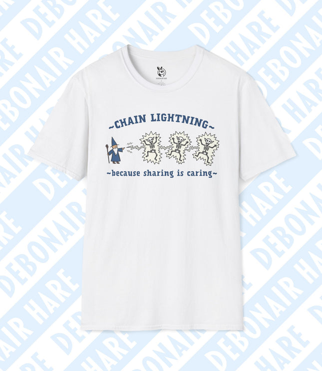 A white t-shirt showing a wizard casting chain lightning on some goblins with the tagline "sharing is caring"