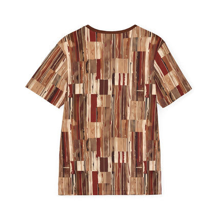 The back of a soft polyester sports jersey featuring a dripping pattern of squares and rectangles in earthy brick tones.